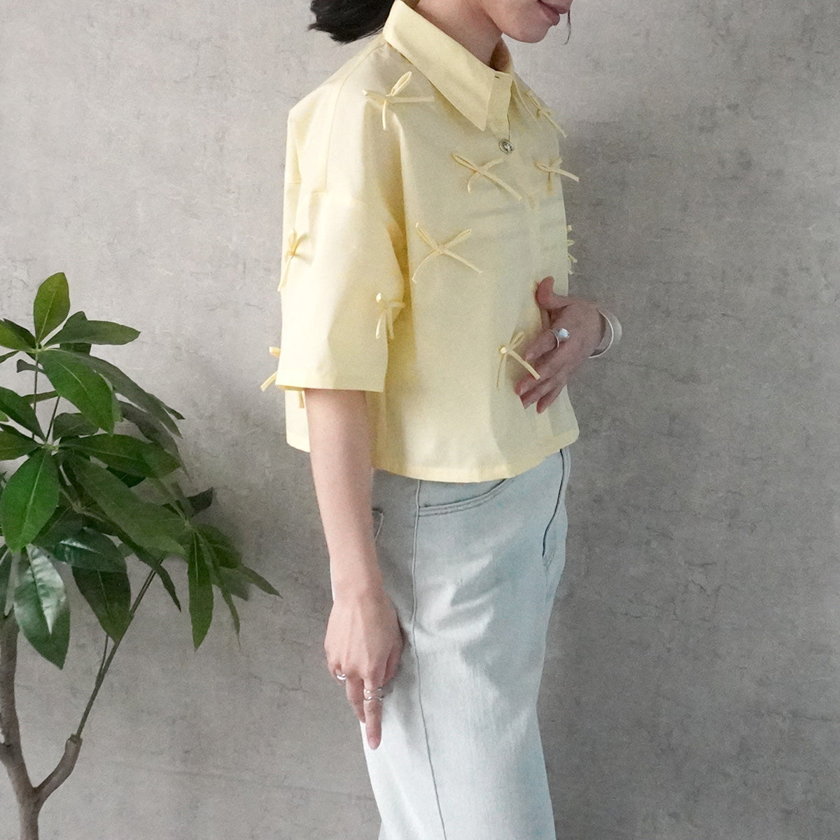 リボンショート半袖シャツ