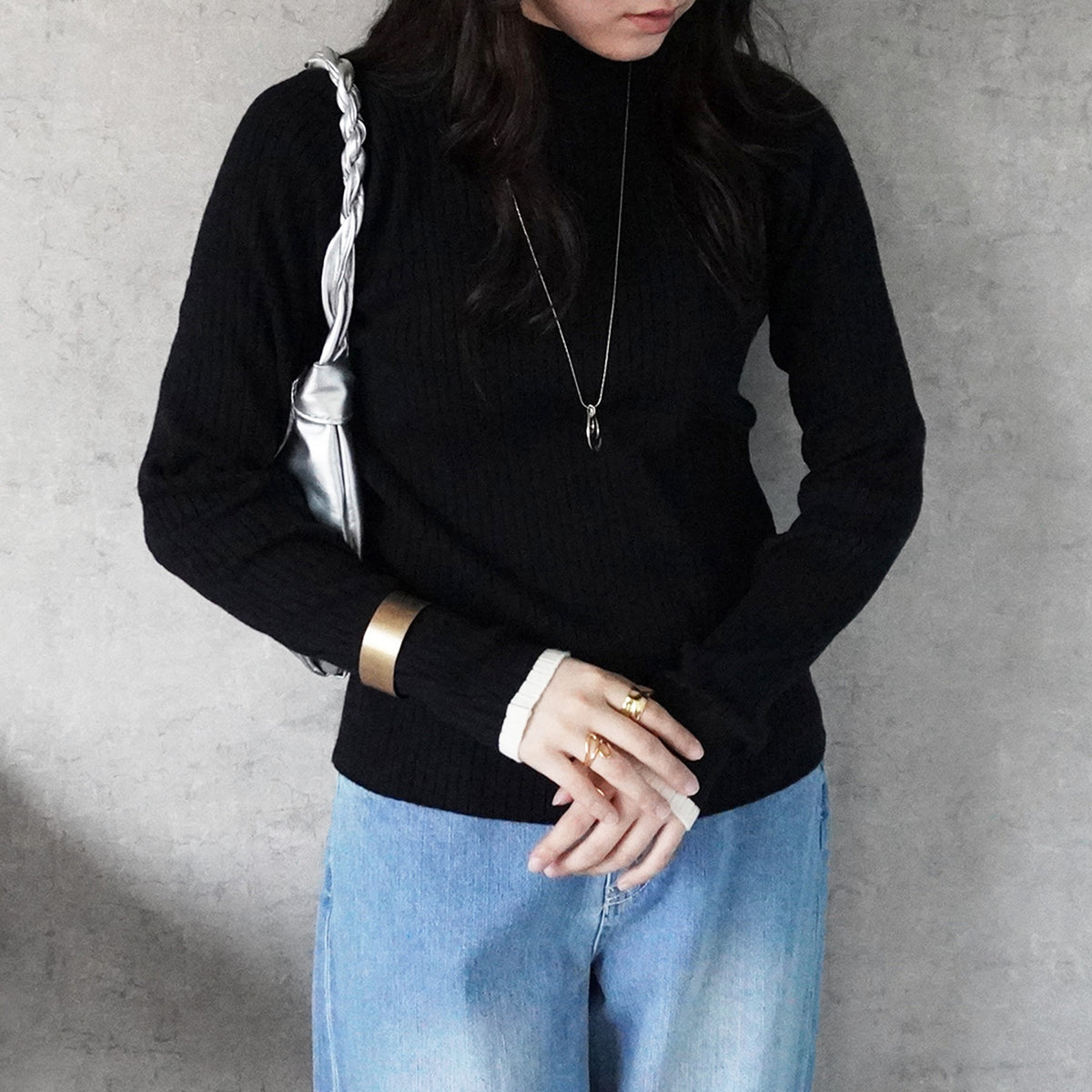 配色ボトルネックワイドリブニットプルオーバー