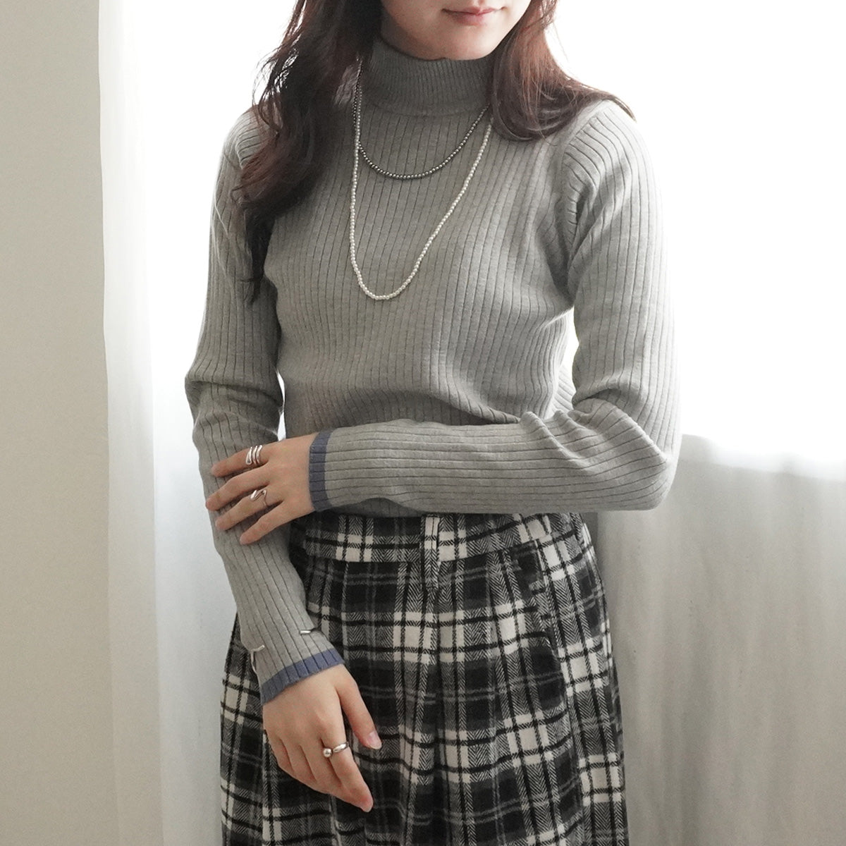 配色ボトルネックリブニットプルオーバー