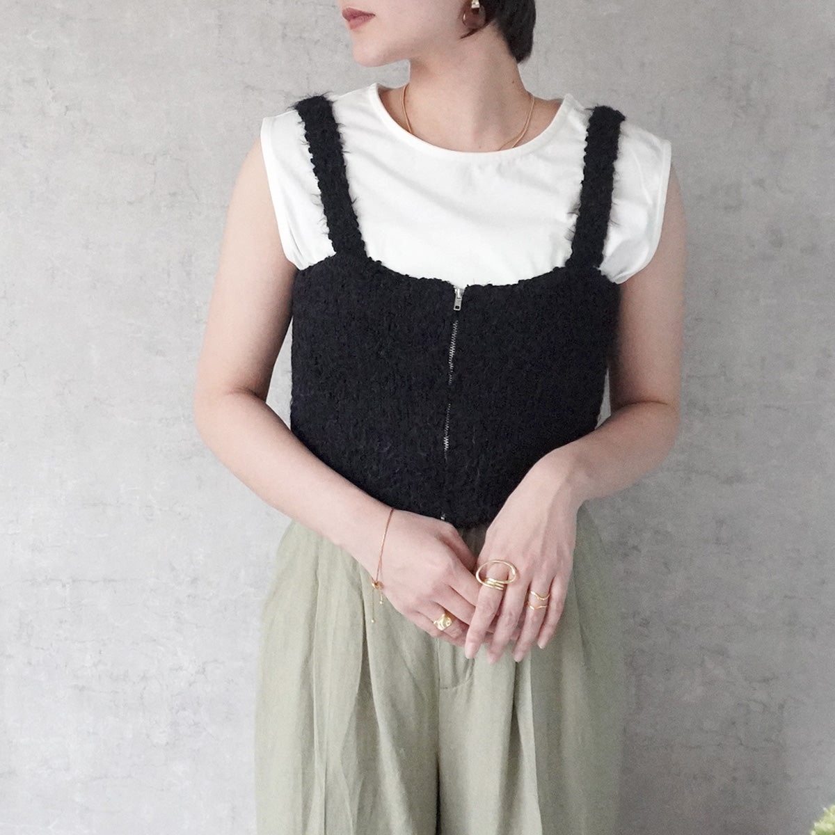 ダブルファスナーポップコーンフェザービスチェ