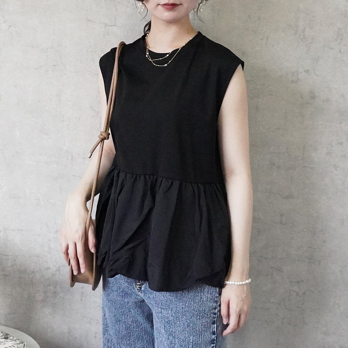 シルクタッチ接触冷感異素材ペプラムTシャツ