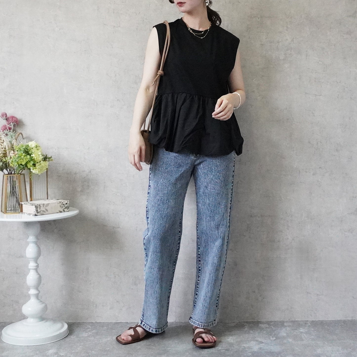 シルクタッチ接触冷感異素材ペプラムTシャツ