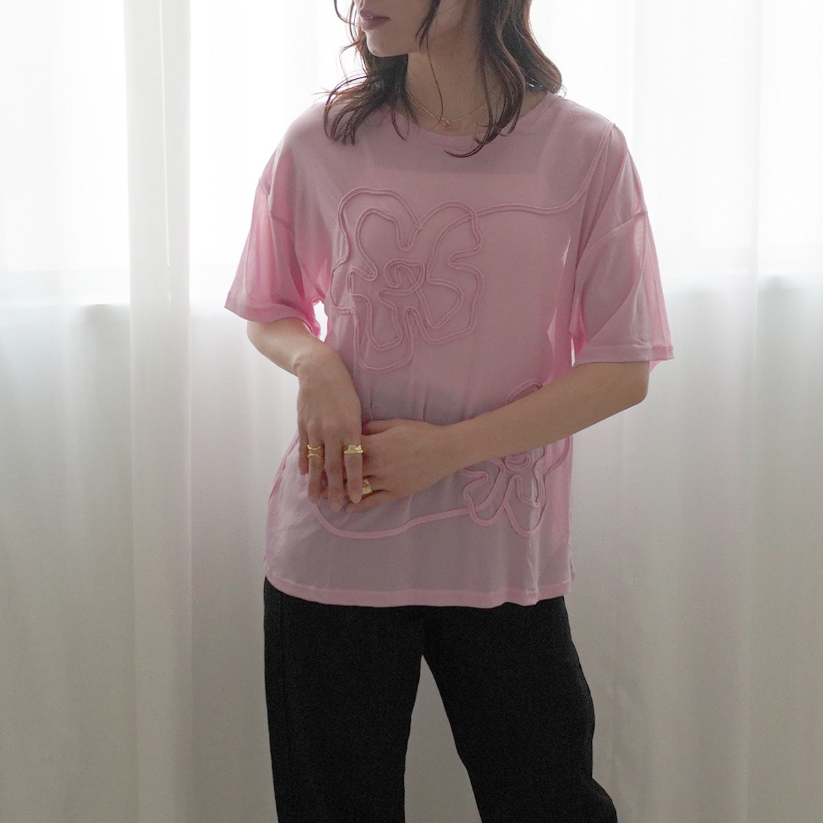 コードフラワーシアーニットTシャツ