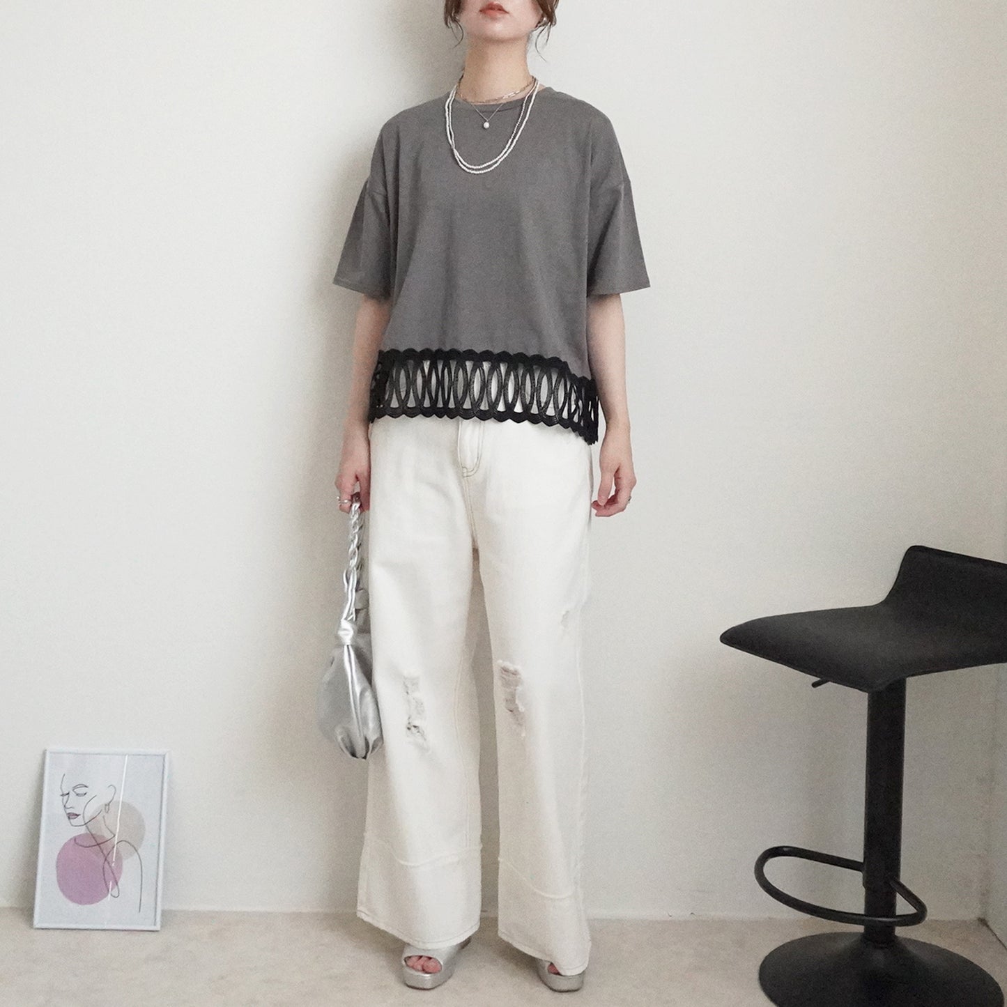 裾BIGレースルーズ半袖Tシャツ