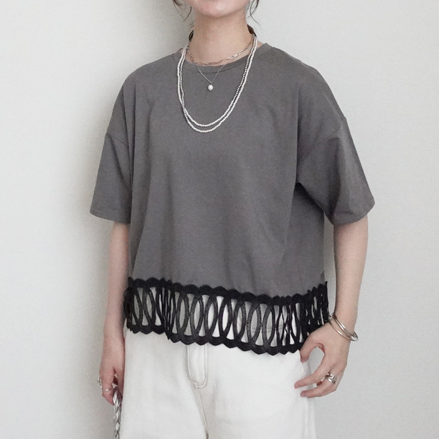 裾BIGレースルーズ半袖Tシャツ
