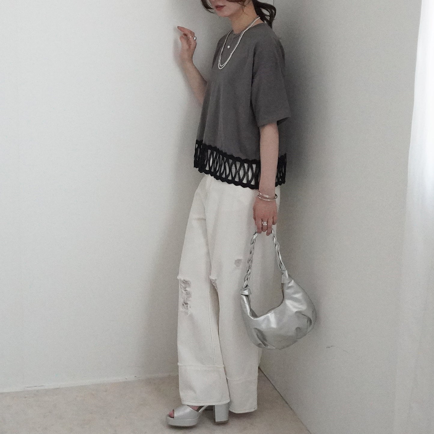 裾BIGレースルーズ半袖Tシャツ