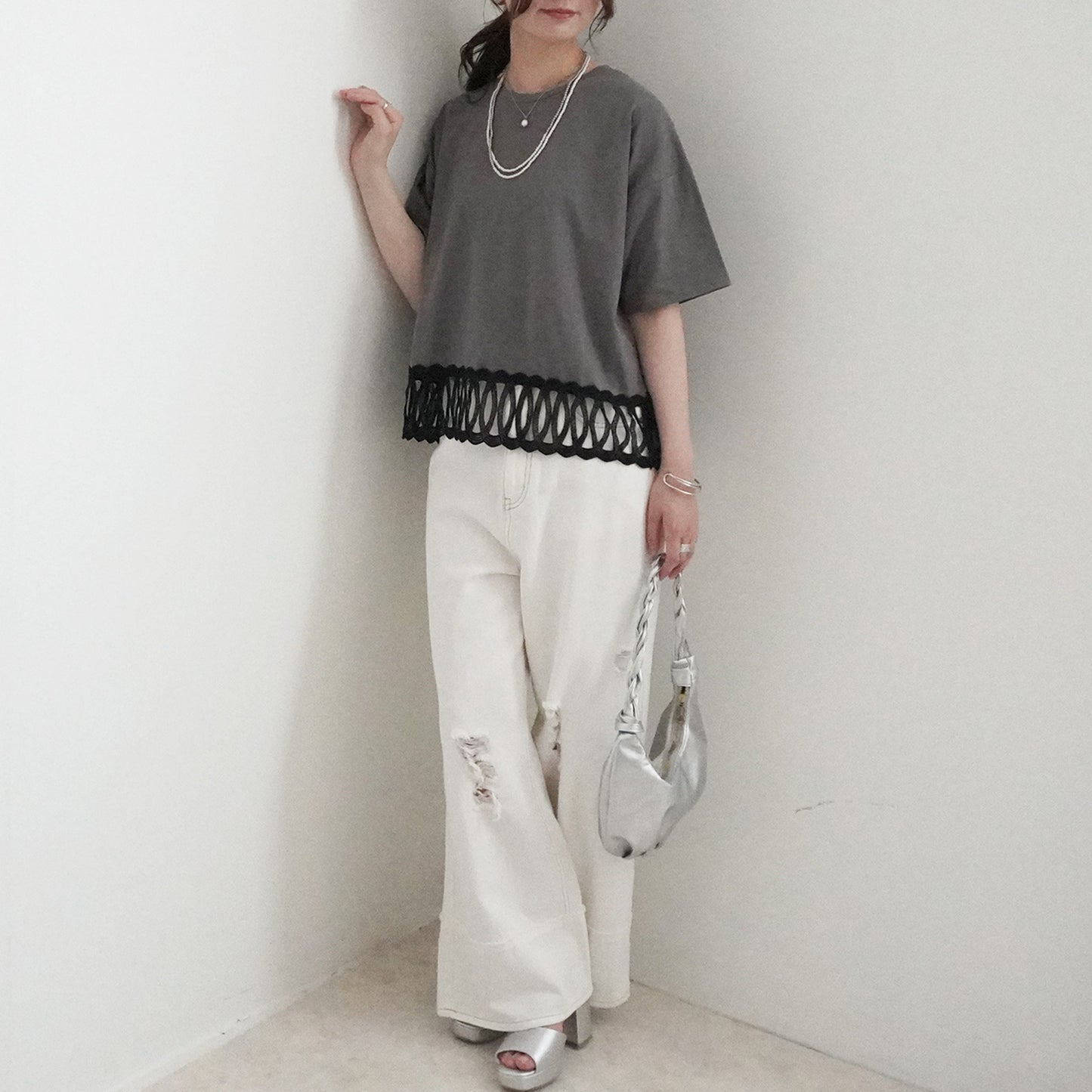 裾BIGレースルーズ半袖Tシャツ