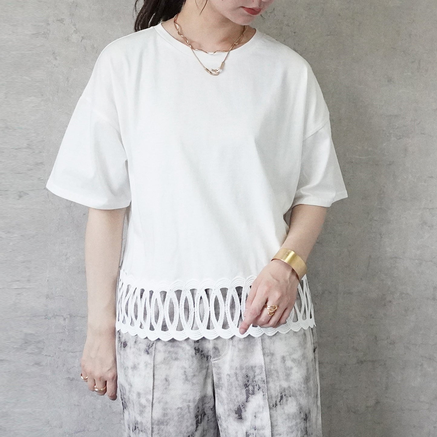 裾BIGレースルーズ半袖Tシャツ