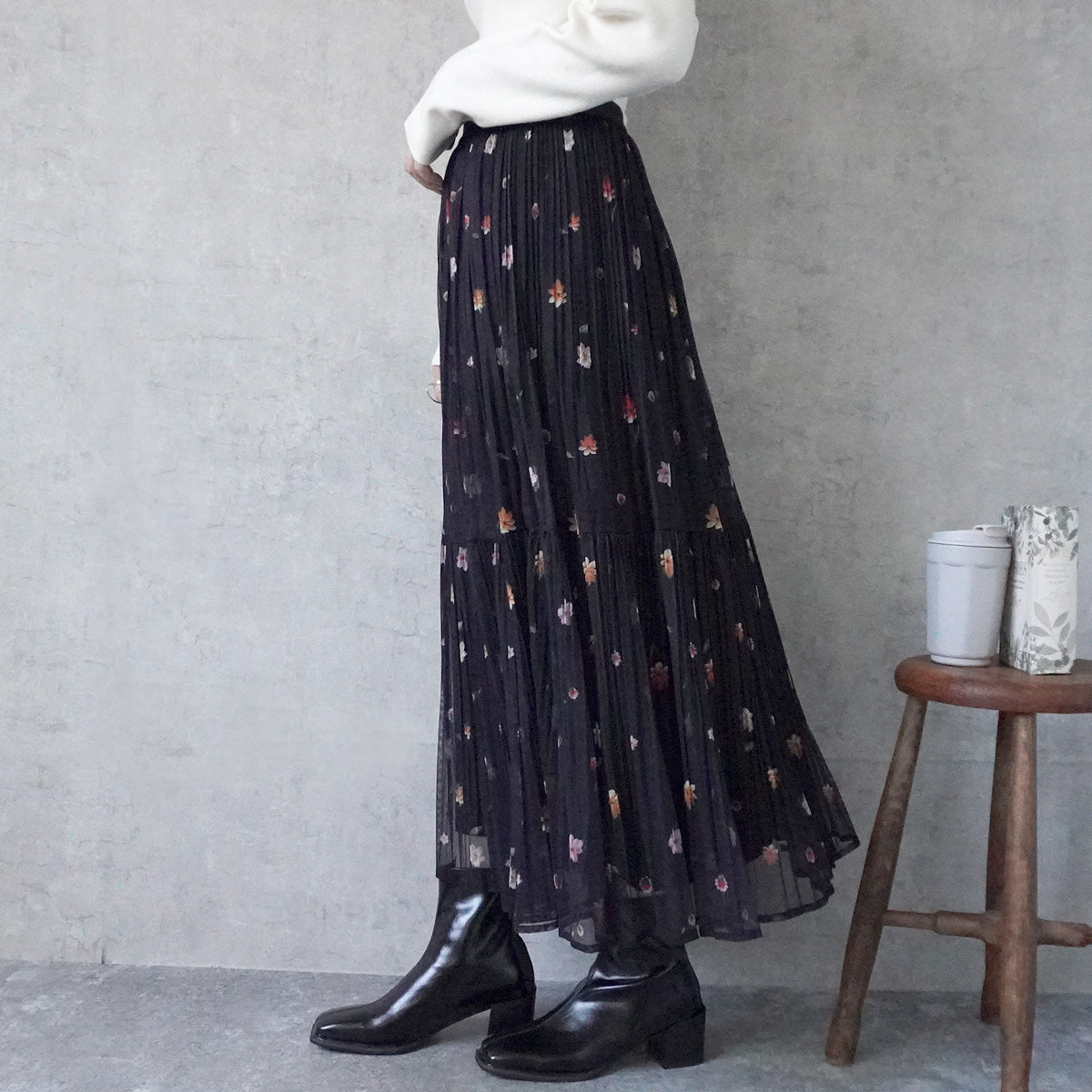 花柄チュールプリーツスカート