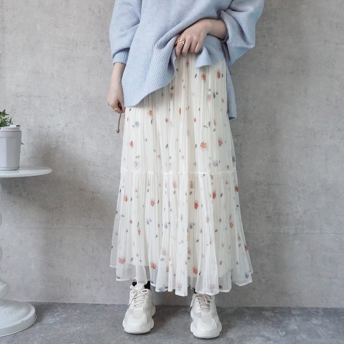 花柄チュールプリーツスカート