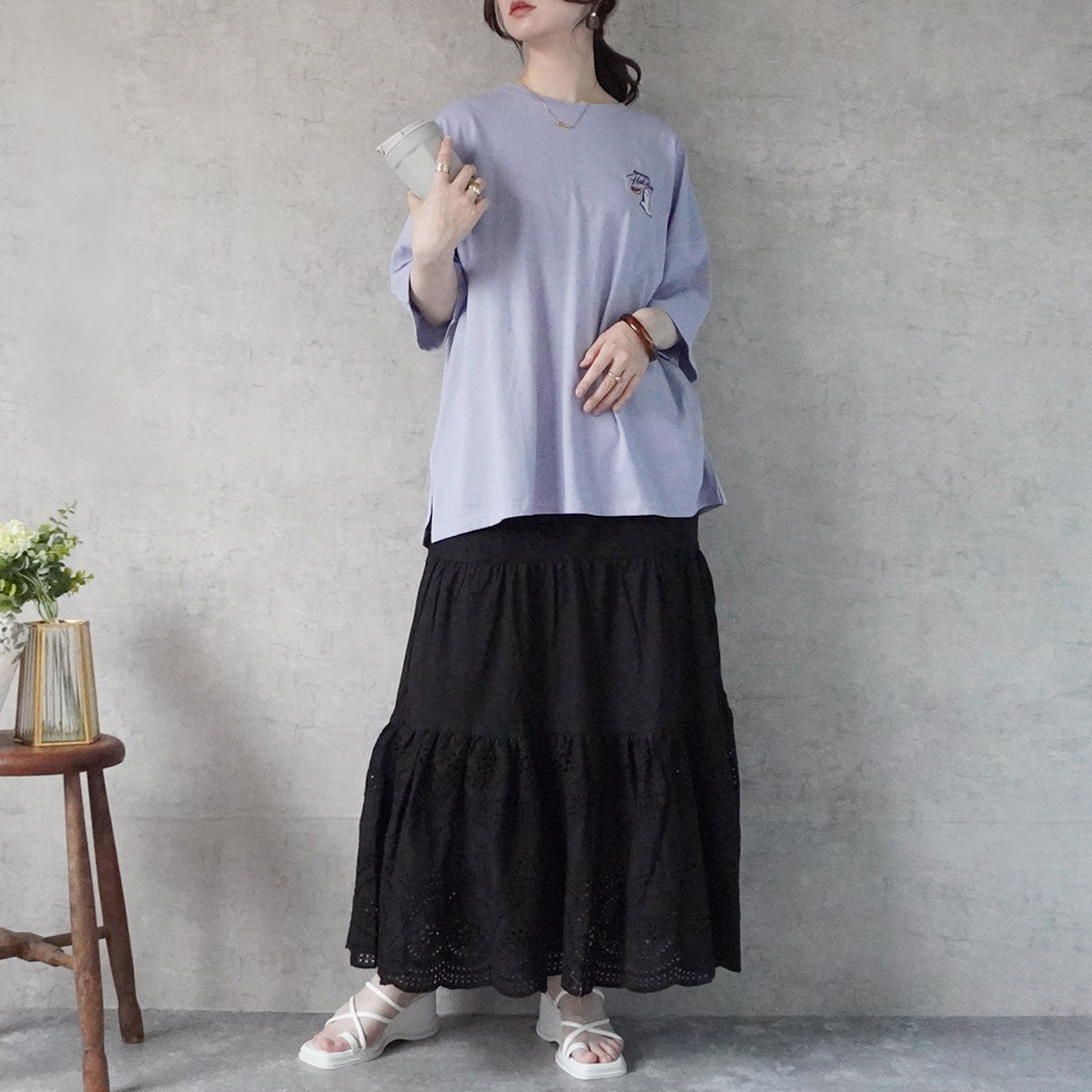 カットワークスカラップ刺繍ロングスカート