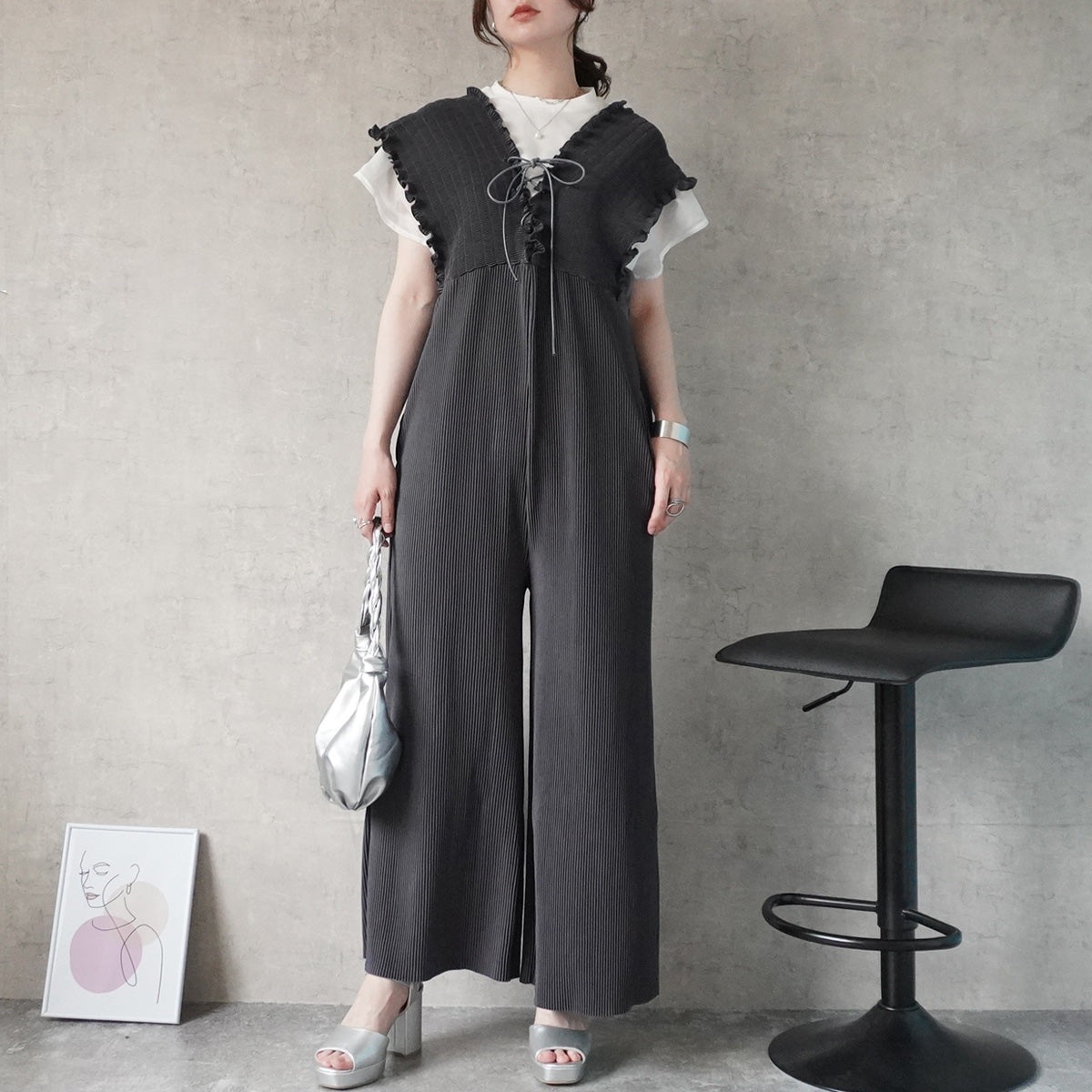 2wayギャザーミニプリーツオールインワン