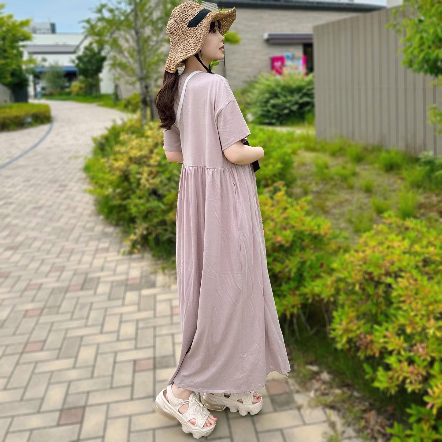 ウエストギャザー半袖ロングワンピース