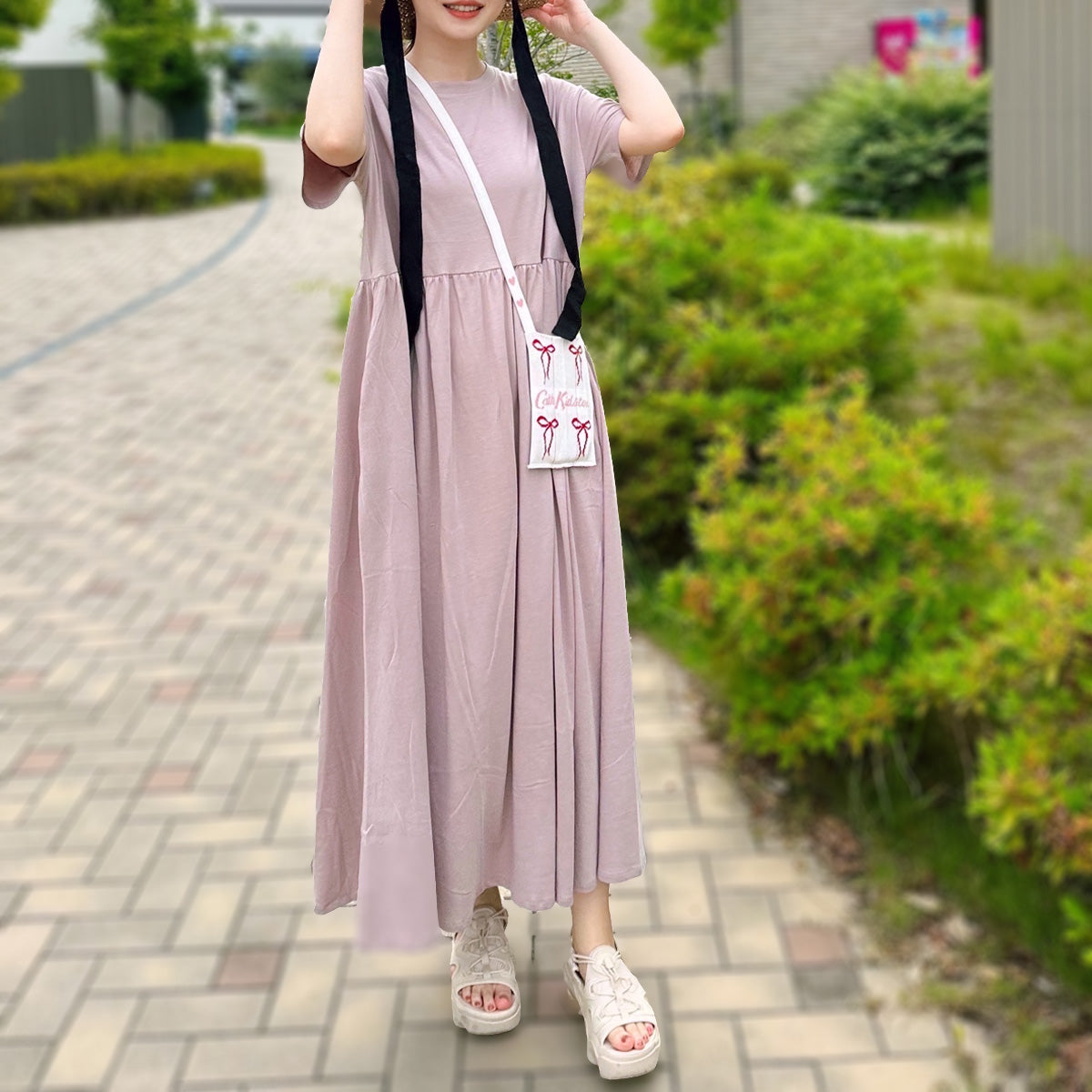 ウエストギャザー半袖ロングワンピース