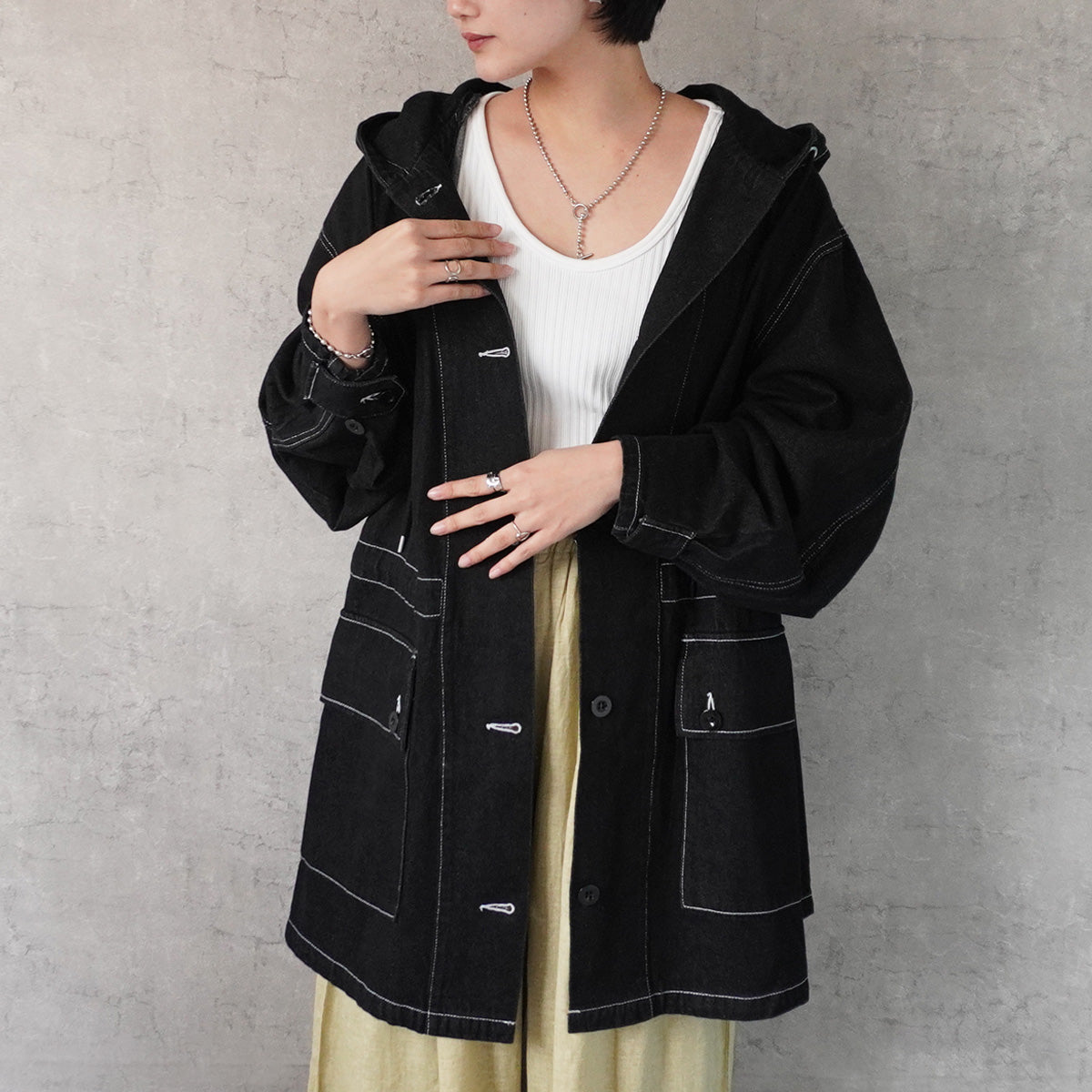 2wayフード付きミリタリーデニムジャケット