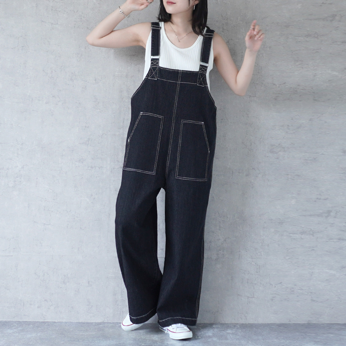 配色ステッチベイカーサロペット