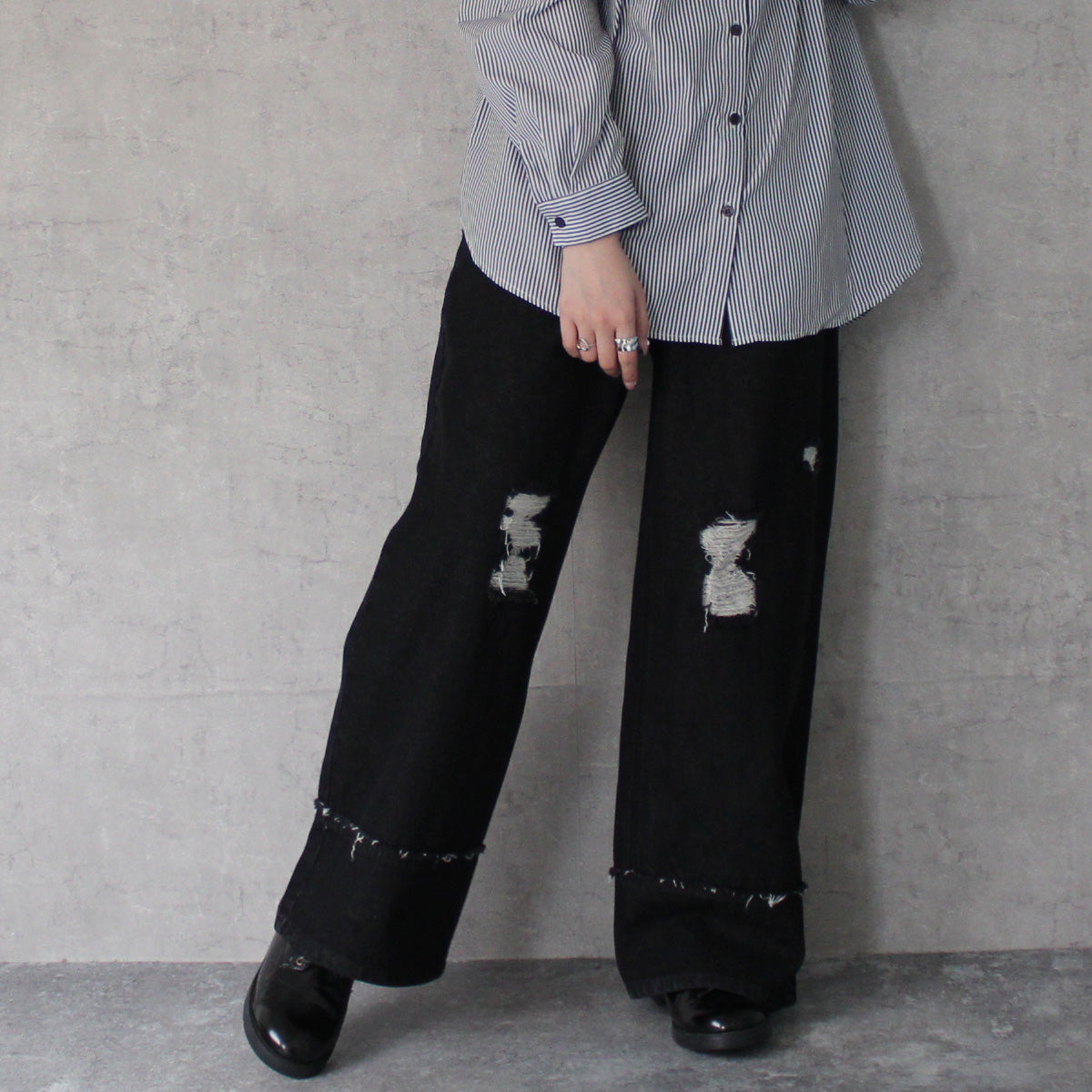 クラッシュダメージ加工リメイク風デニムワイドパンツ