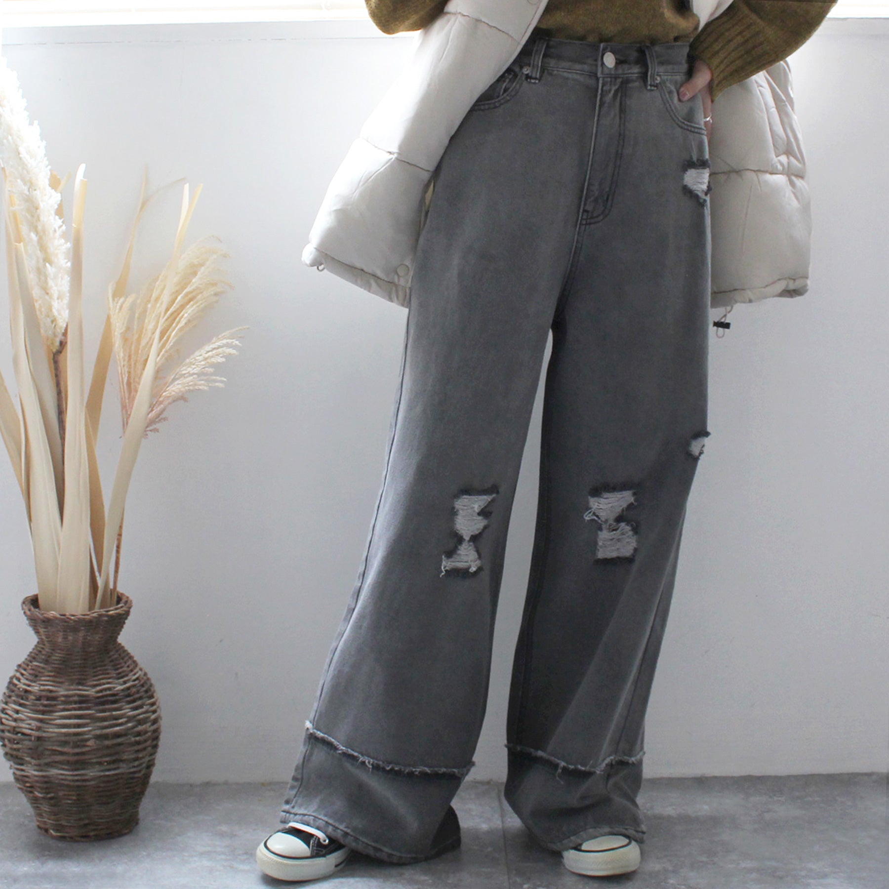 クラッシュダメージ加工リメイク風デニムワイドパンツ/ セレクト
