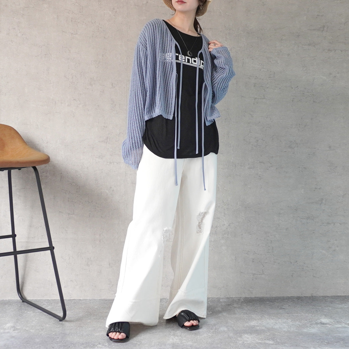 クラッシュダメージ加工リメイク風デニムワイドパンツ
