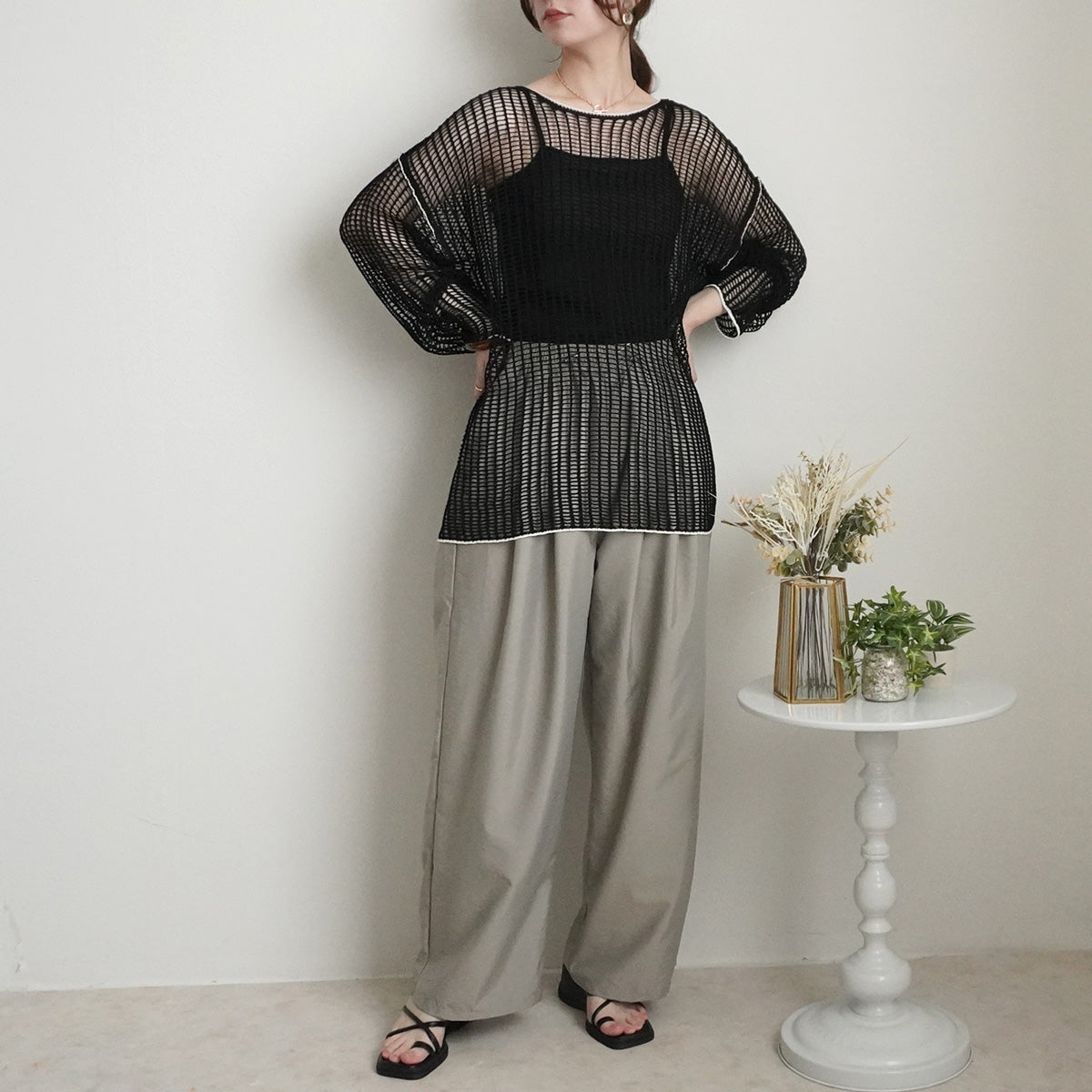 透かし編みメッシュリンキングシアーニット