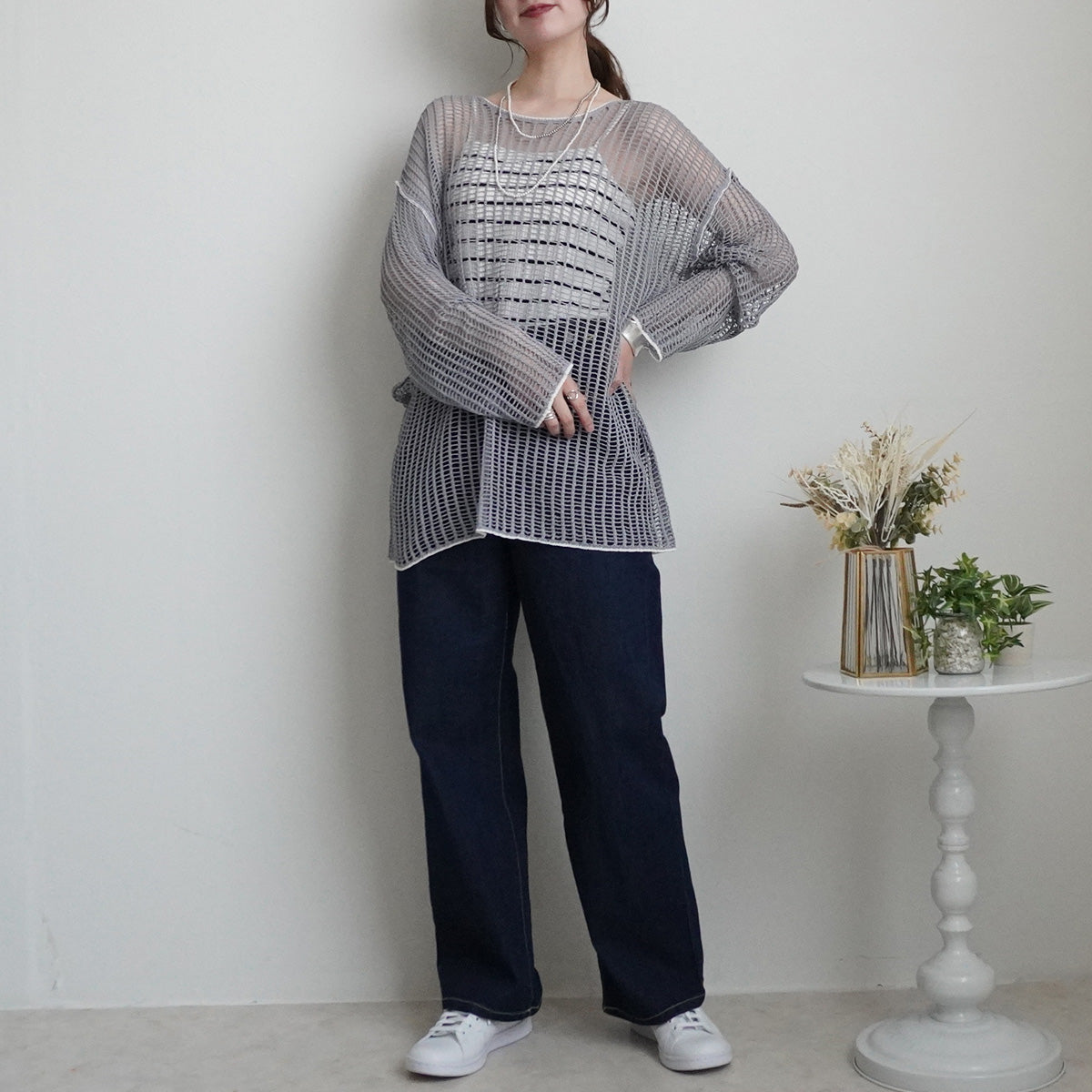 透かし編みメッシュリンキングシアーニット