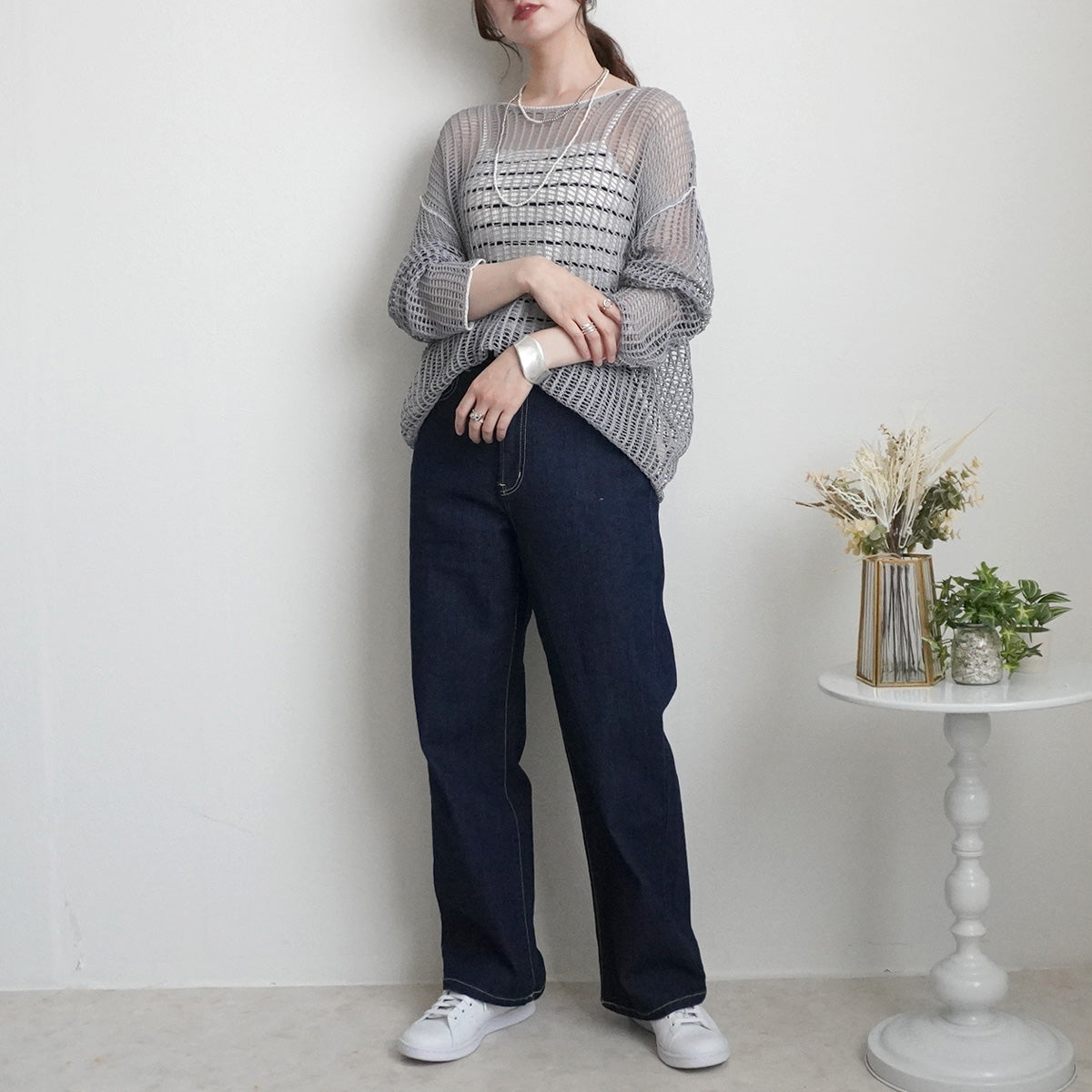 透かし編みメッシュリンキングシアーニット