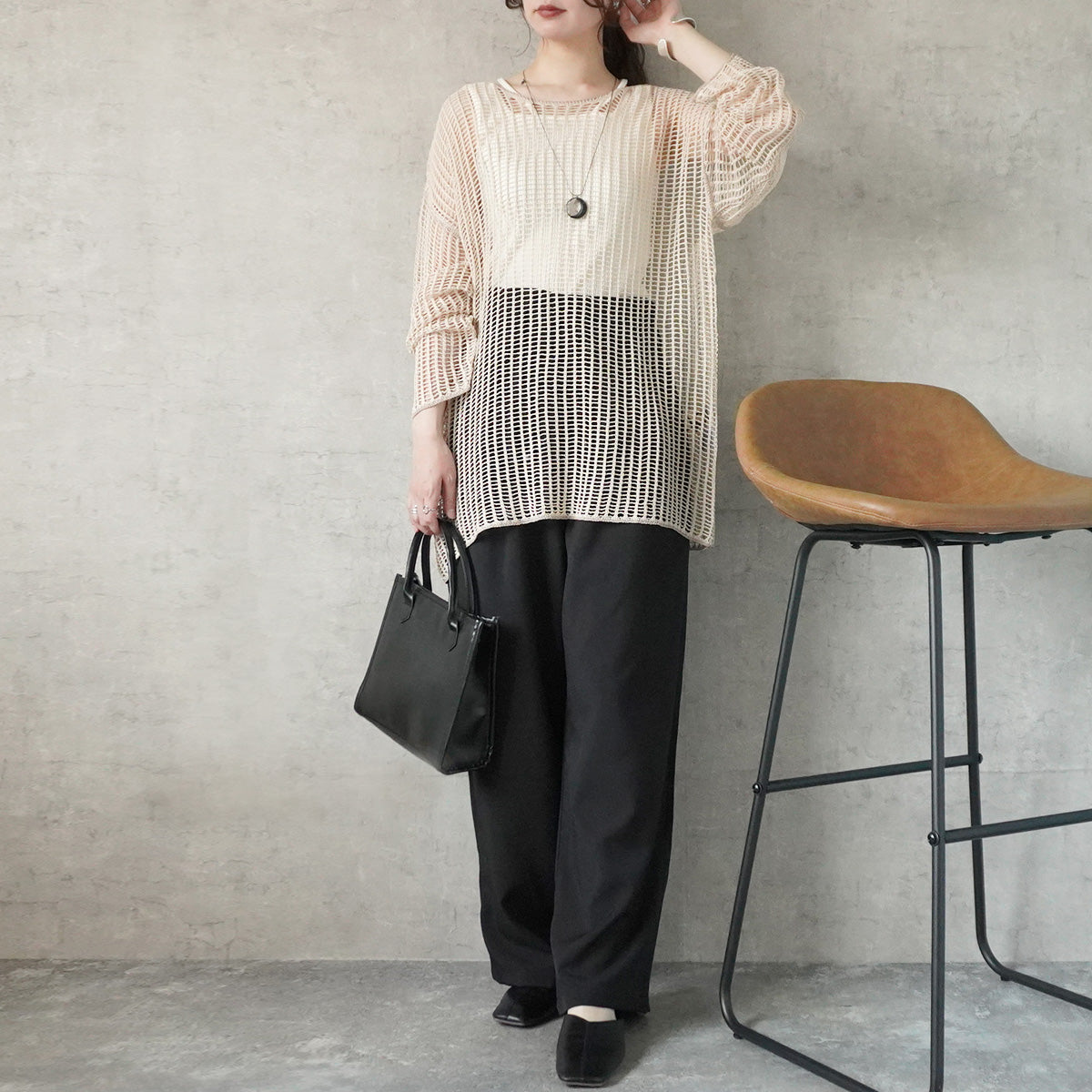 透かし編みメッシュリンキングシアーニット