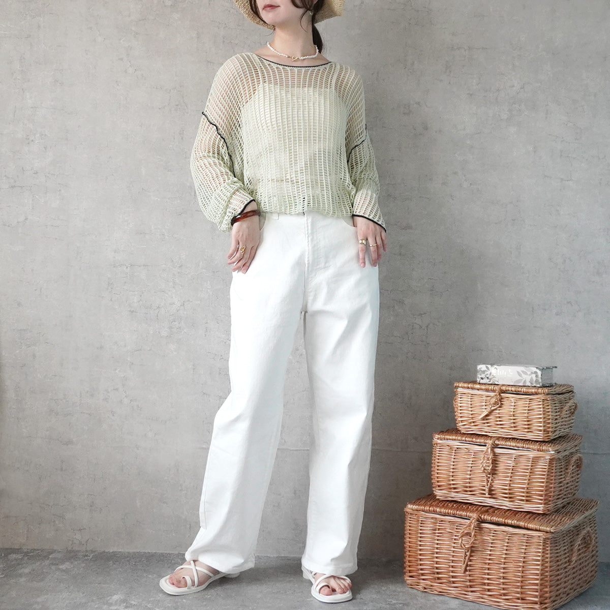 透かし編みメッシュリンキングシアーニット
