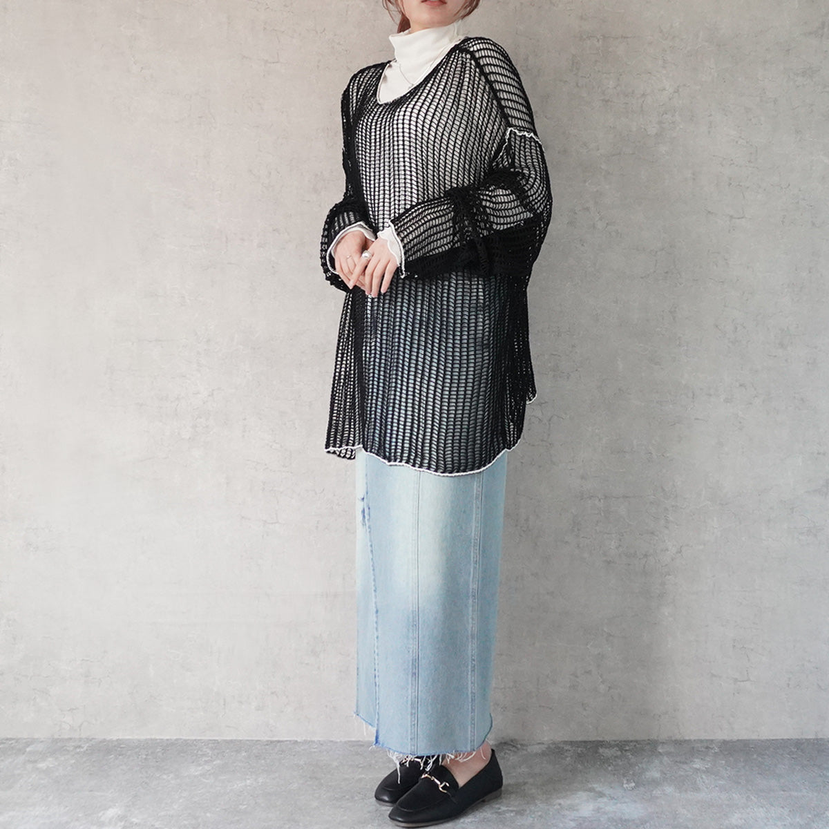 透かし編みメッシュリンキングシアーニット