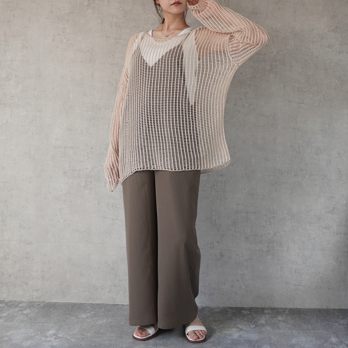 透かし編みメッシュリンキングシアーニット