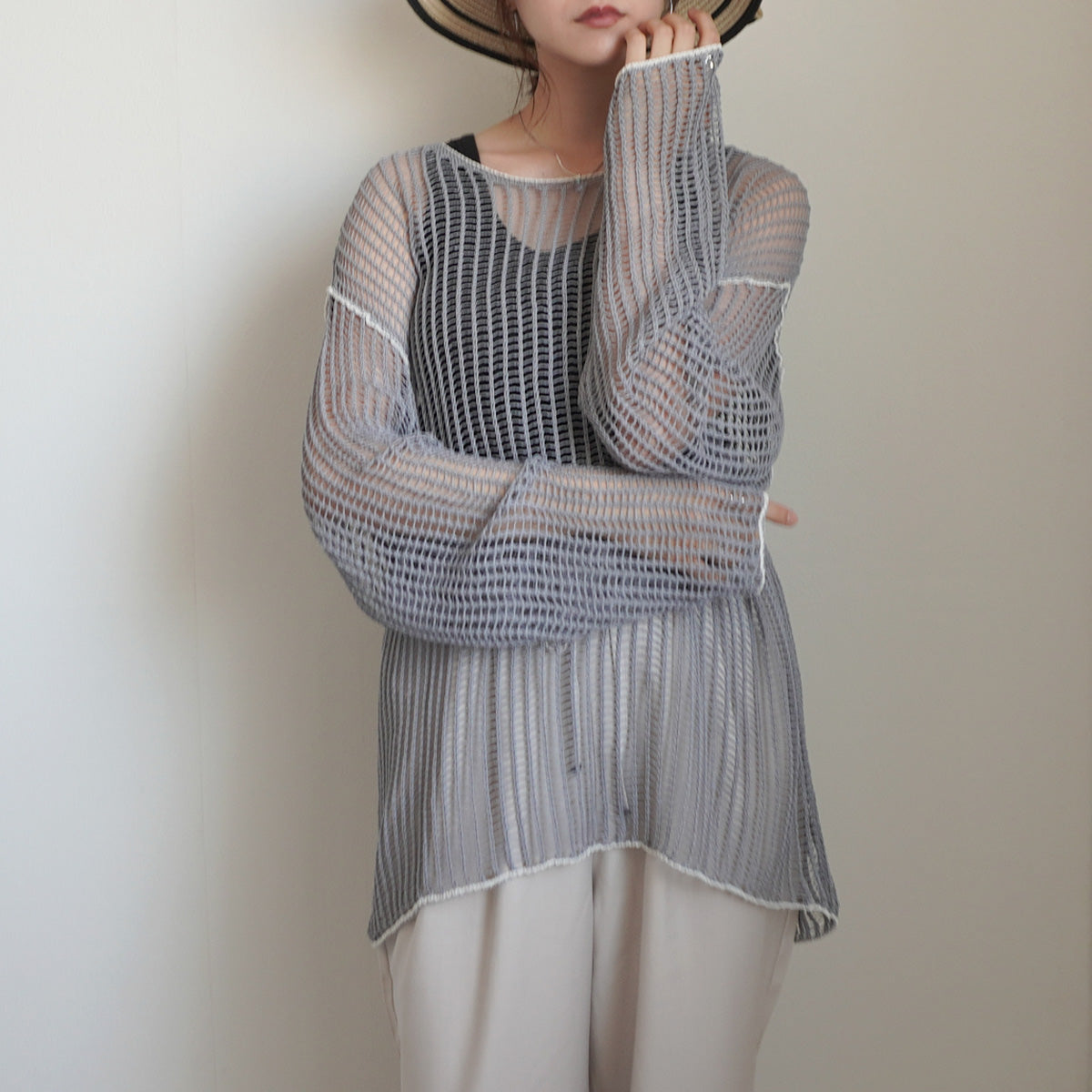 透かし編みメッシュリンキングシアーニット