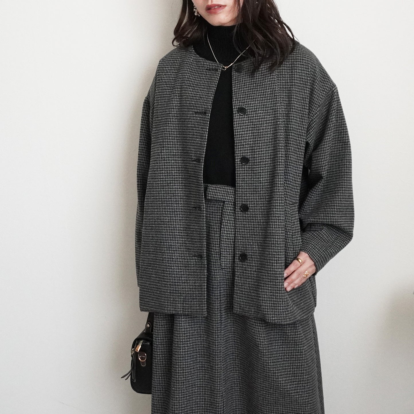 2wayカラーファー千鳥格子柄ジャケット