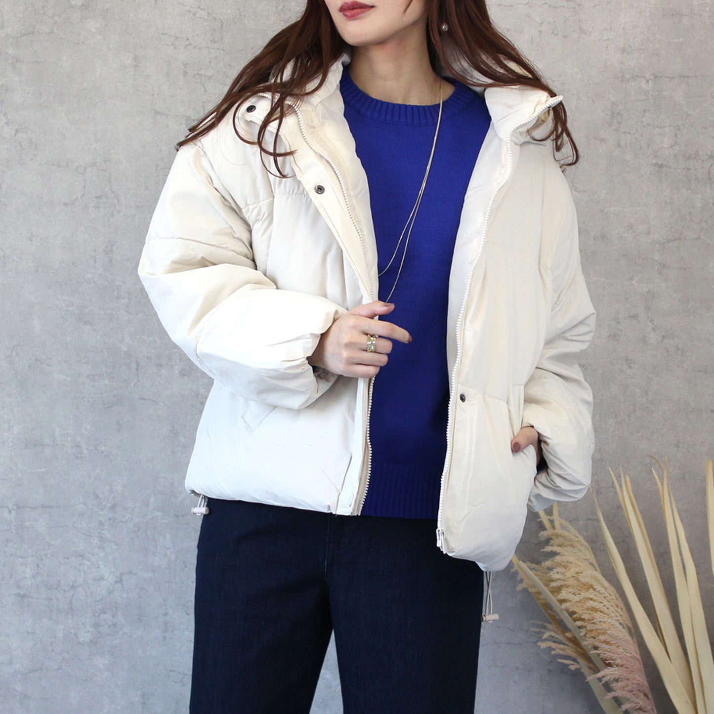 スタンドフードフェイクダウンコート