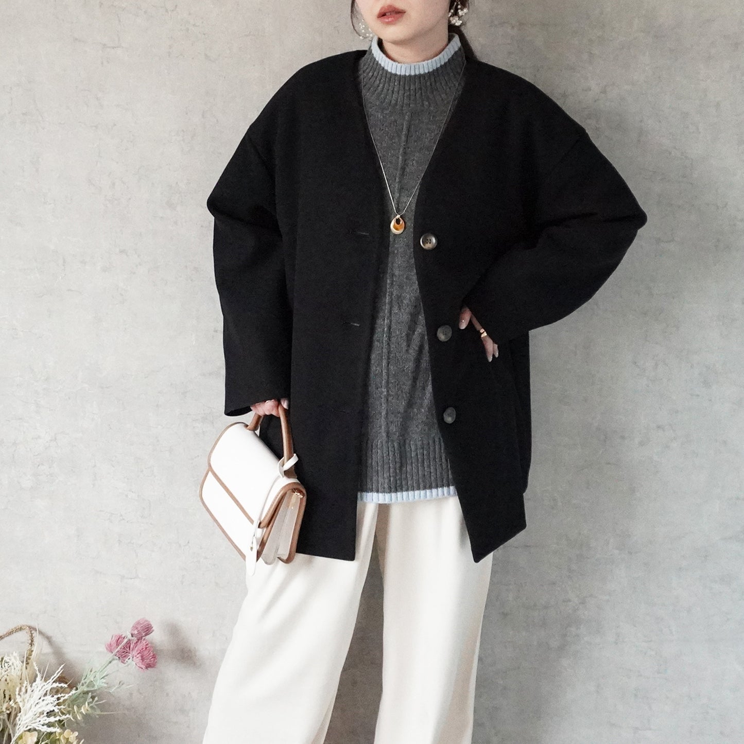 ノーカラーミドルコート