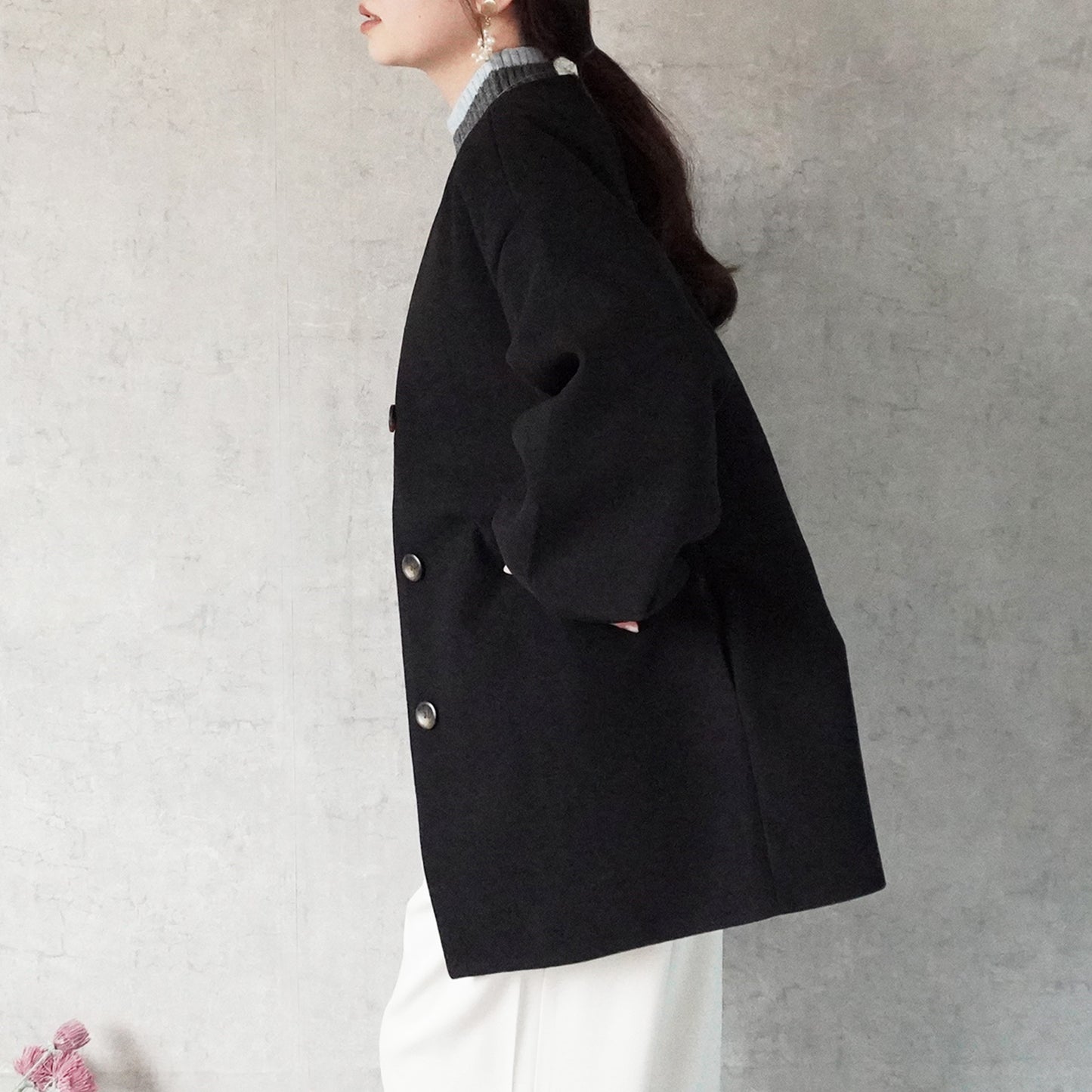 ノーカラーミドルコート