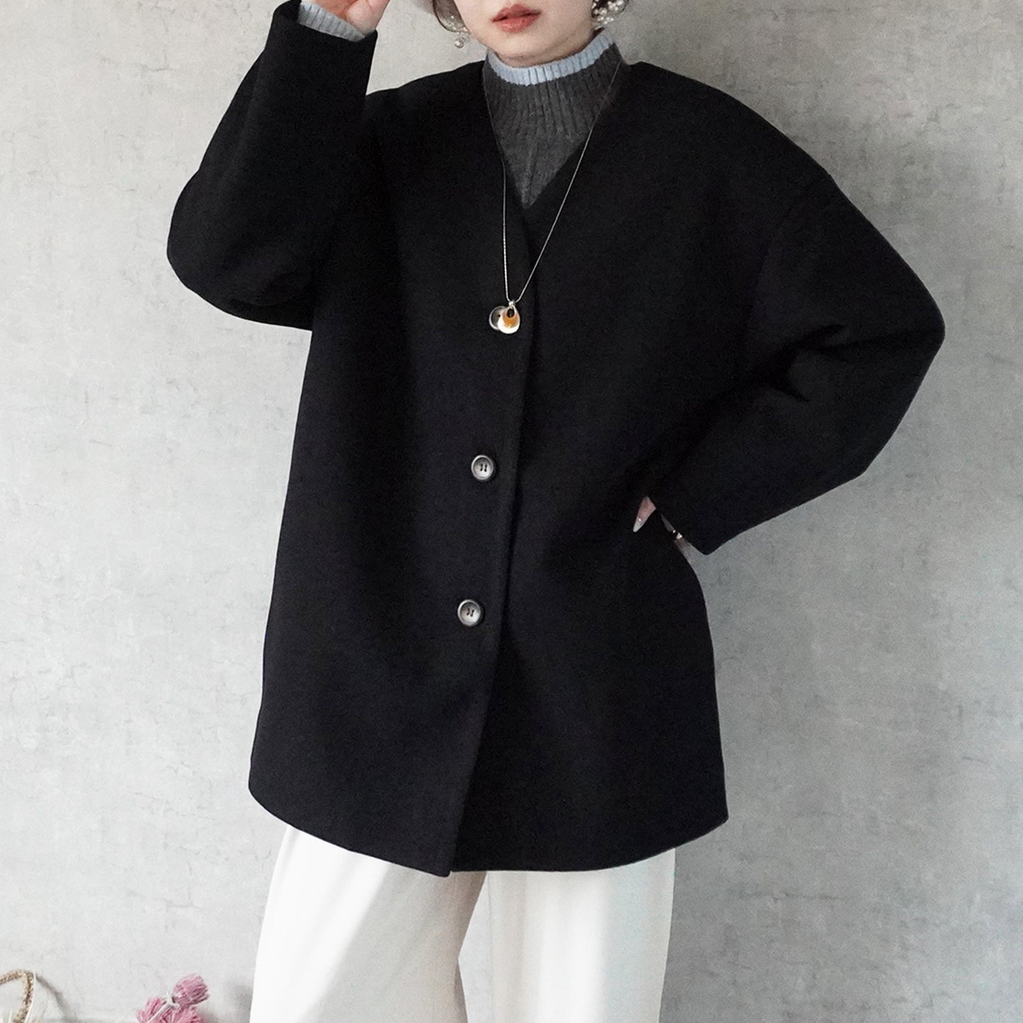 ノーカラーミドルコート