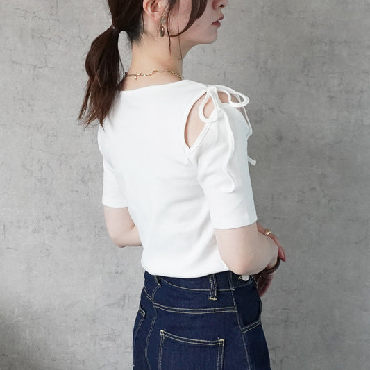 肩スリットリボン半袖Tシャツ