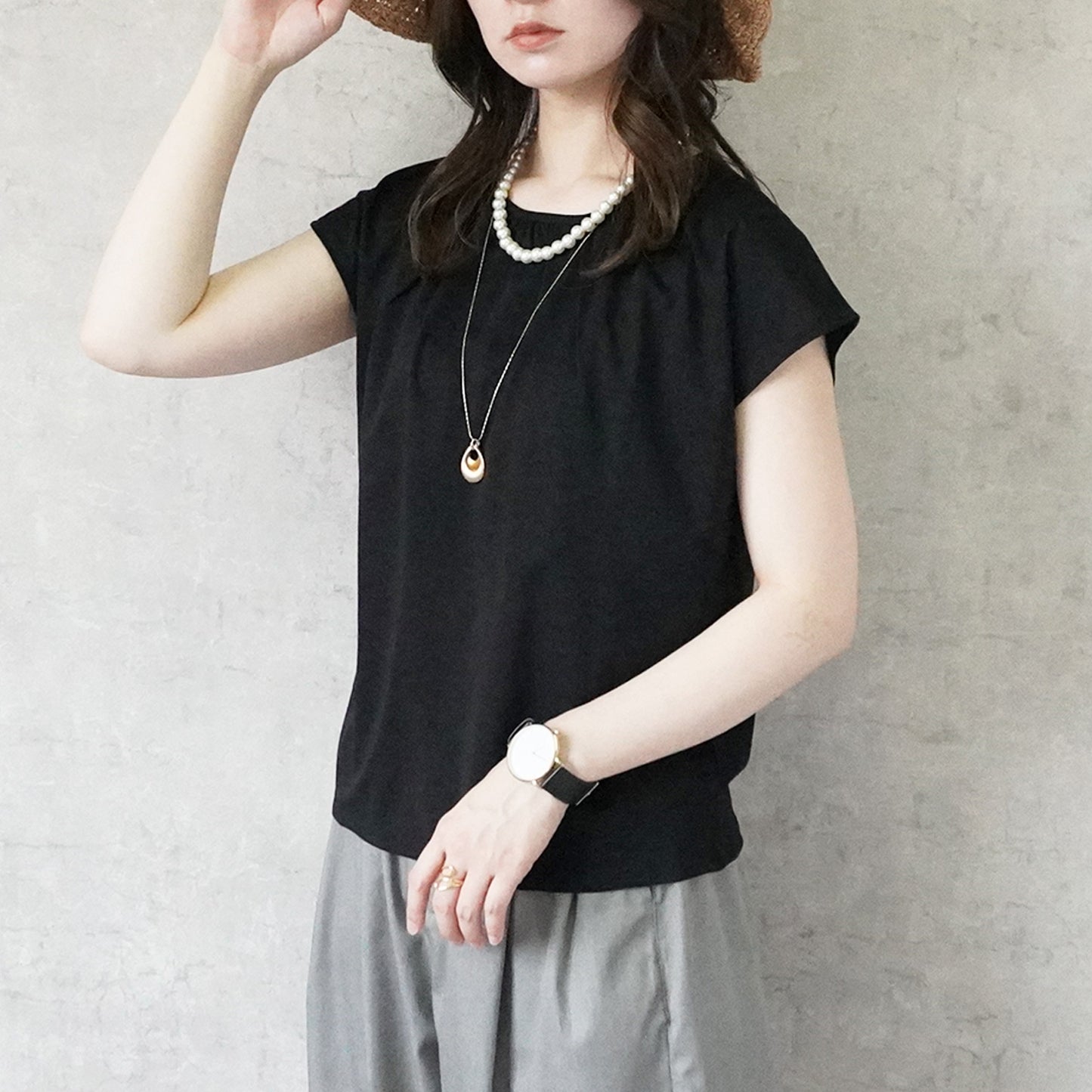 シルクタッチ接触冷感ギャザーフレンチスリーブTシャツ