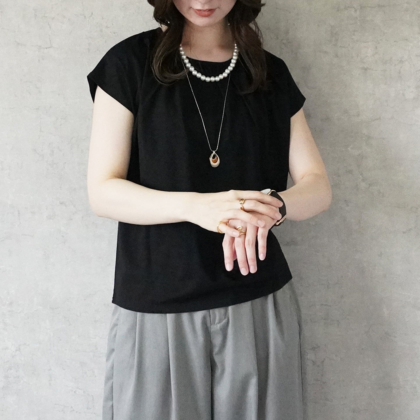 シルクタッチ接触冷感ギャザーフレンチスリーブTシャツ