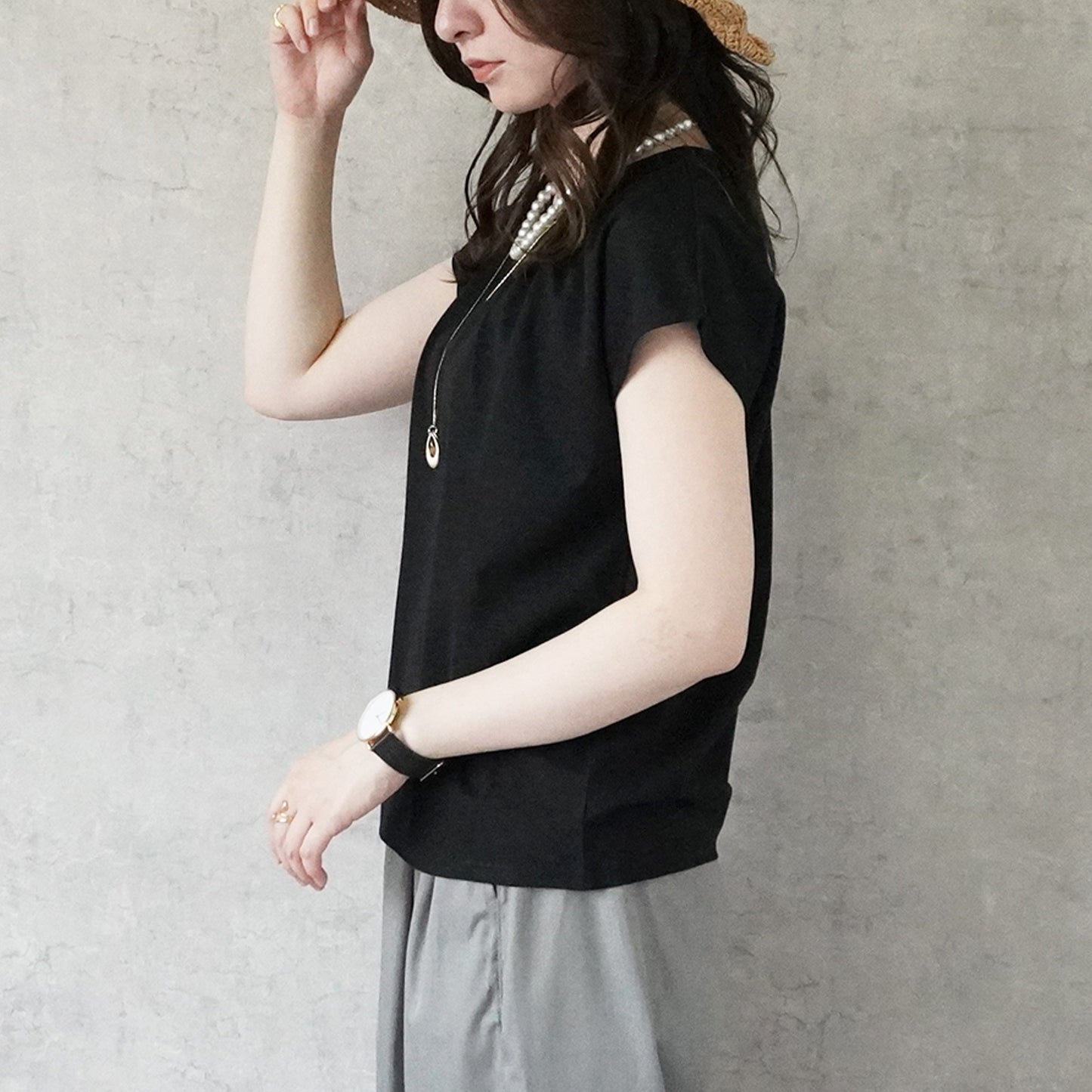 シルクタッチ接触冷感ギャザーフレンチスリーブTシャツ