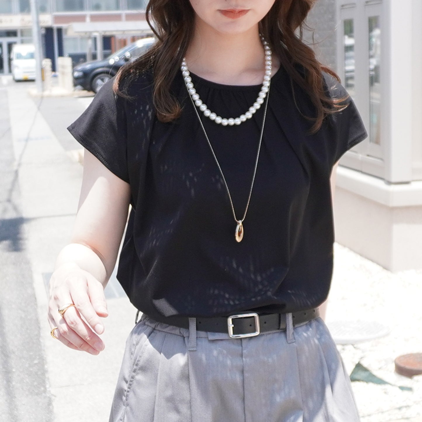 シルクタッチ接触冷感ギャザーフレンチスリーブTシャツ