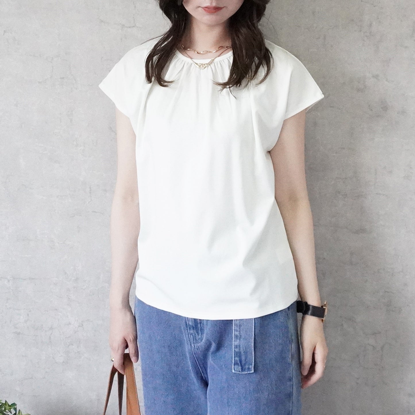 シルクタッチ接触冷感ギャザーフレンチスリーブTシャツ