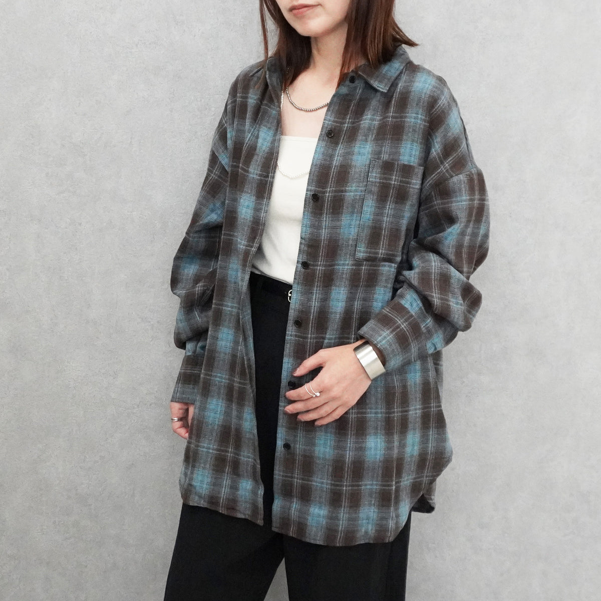 先染めチェック柄オーバービッグシャツ