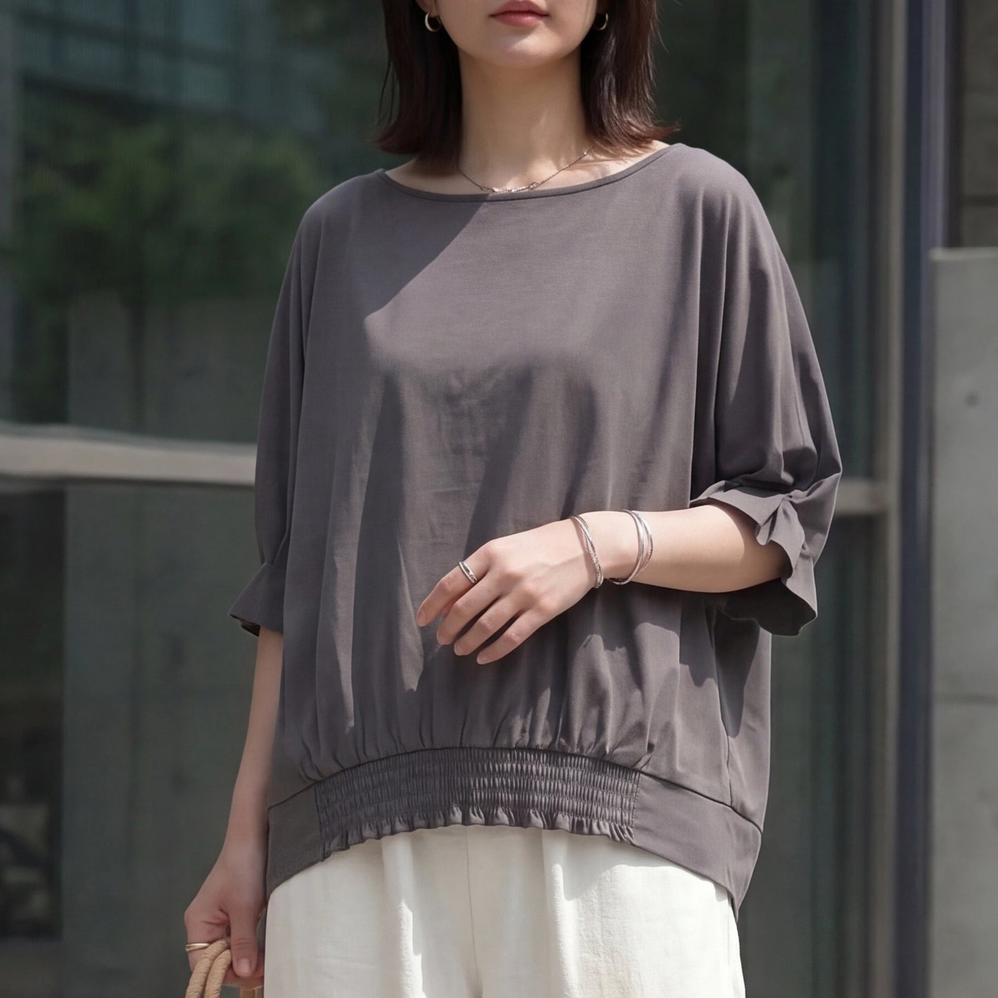 接触冷感タックスリーブドルマン裾シャーリングプルオーバーTシャツ