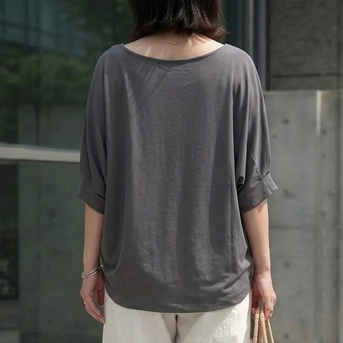 接触冷感タックスリーブドルマン裾シャーリングプルオーバーTシャツ