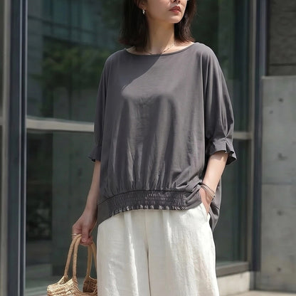 接触冷感タックスリーブドルマン裾シャーリングプルオーバーTシャツ
