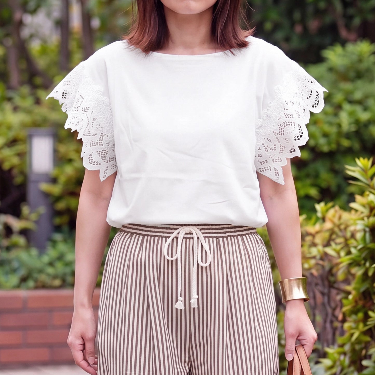 袖レース異素材Tシャツ