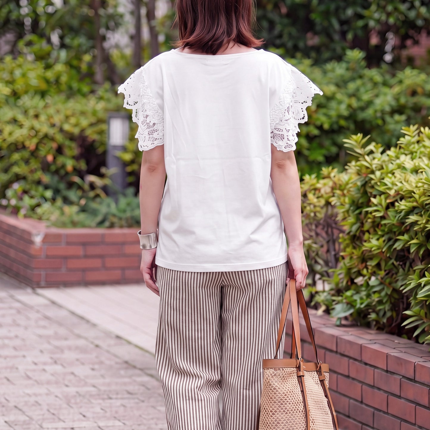 袖レース異素材Tシャツ