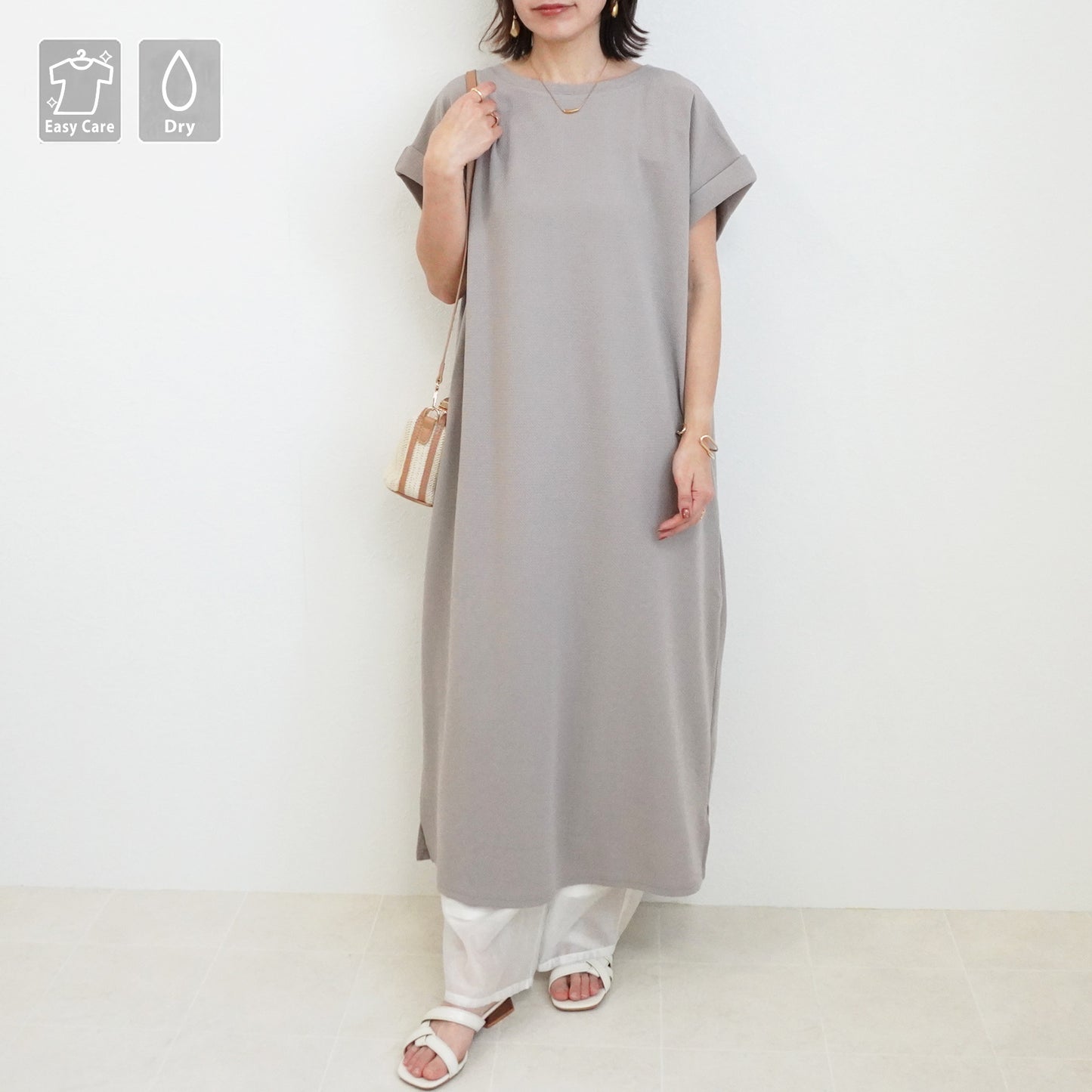 ターンバック袖ジャガードワンピース