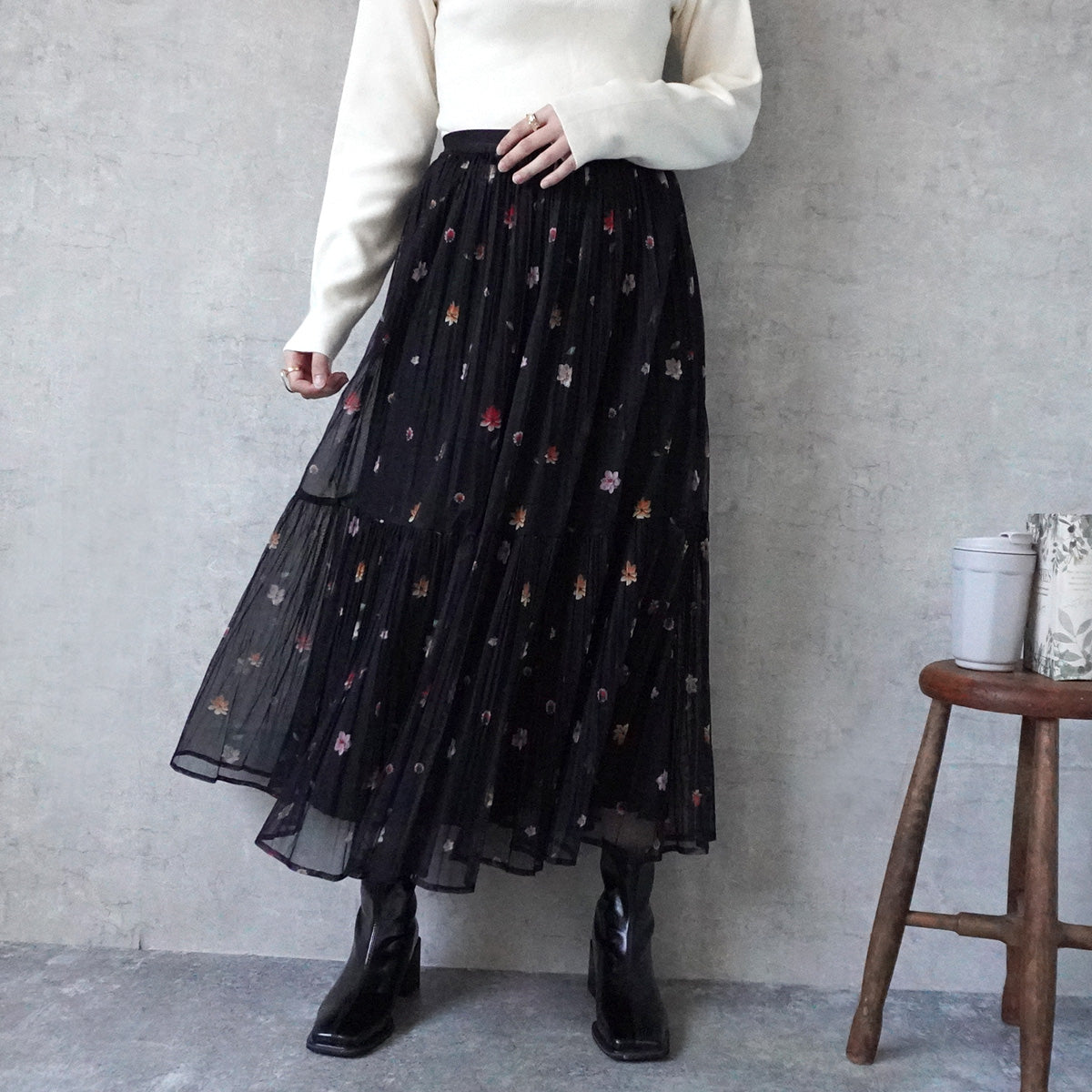 花柄チュールプリーツスカート